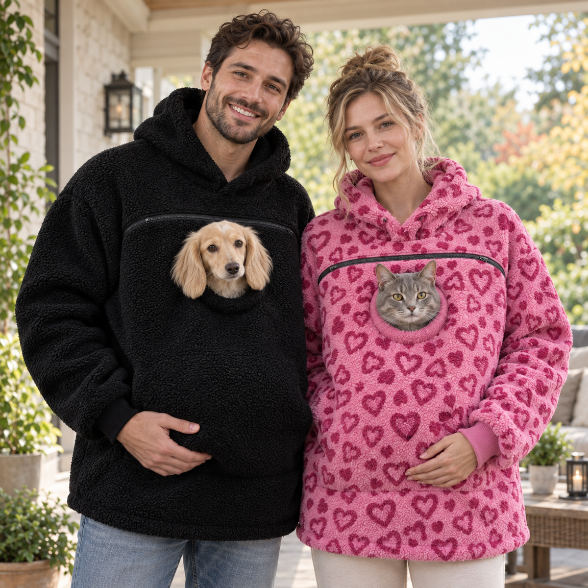 Couple wearing Black and Pink Hearts Pet Pouch Fleeces with a small dog and cat