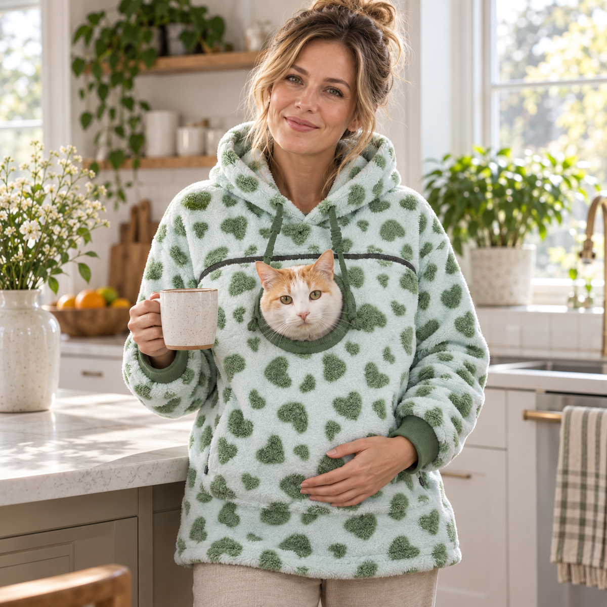 Woman wearing Green Hearts Pet Pouch Fleece with a cat in a bright kitchen