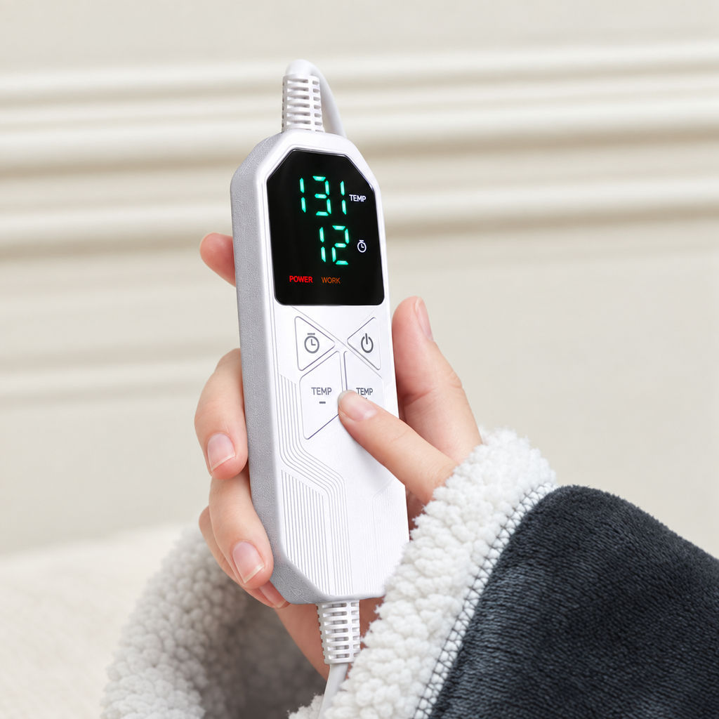 Close-up of the Sleeved Electric Blanket controller showing its LED display and four buttons