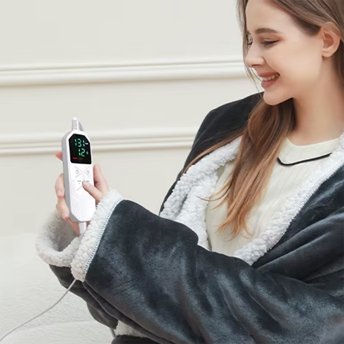 Woman adjusting the controller while wearing the charcoal Sleeved Electric Blanket
