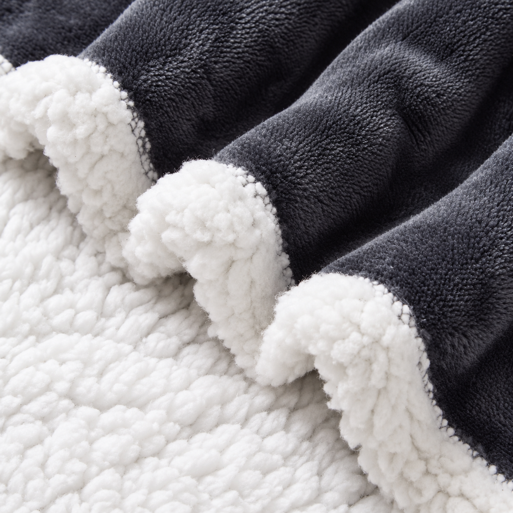 Close-up of the charcoal flannel outer and white sherpa lining