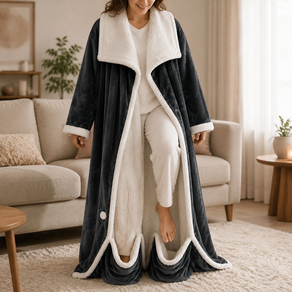 Woman stepping into the two integrated foot-holder pockets of the Sleeved Electric Blanket