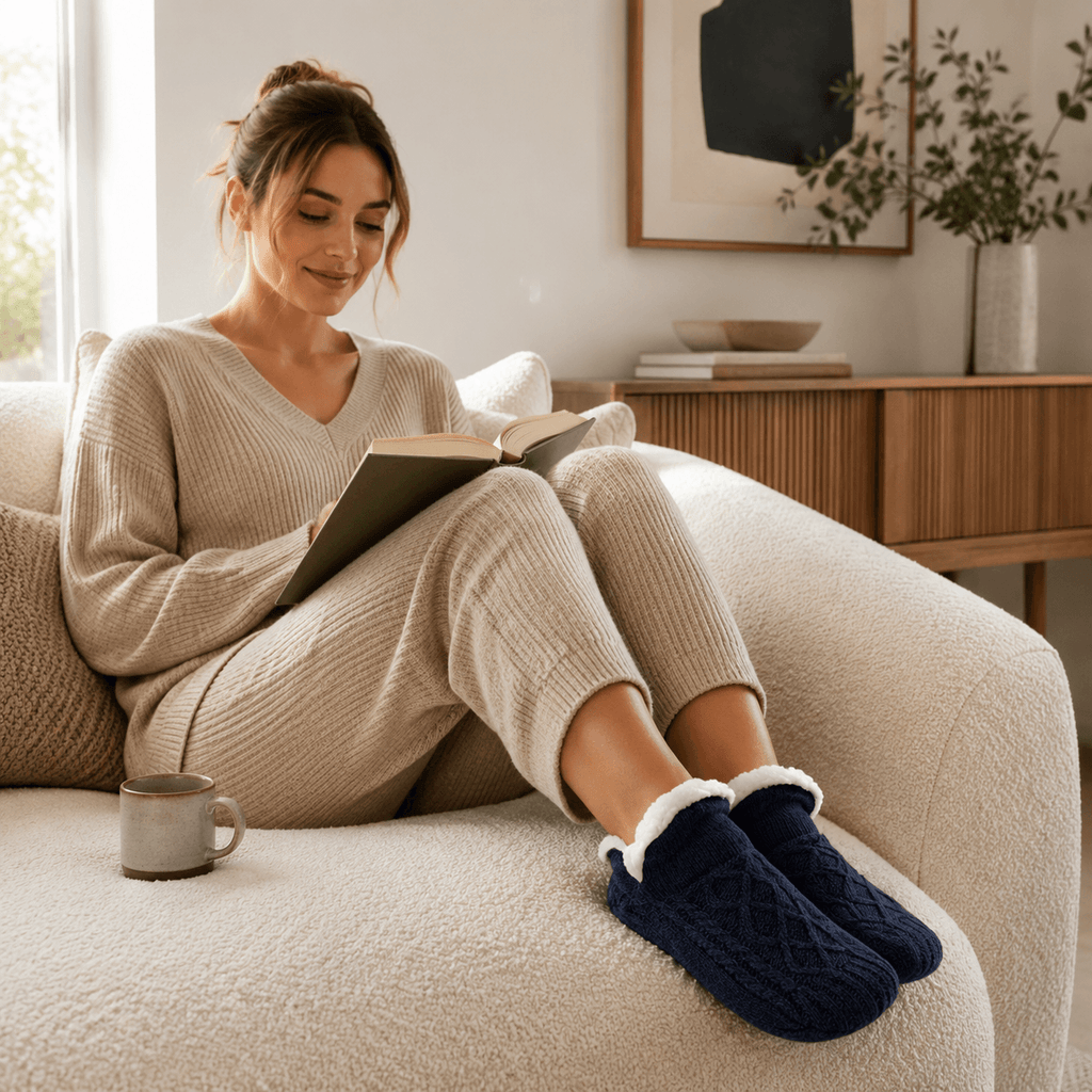 Thermal socks in dark navy worn while relaxing at home