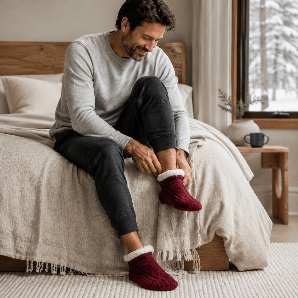 Thermal socks in red worn on a cosy winter morning