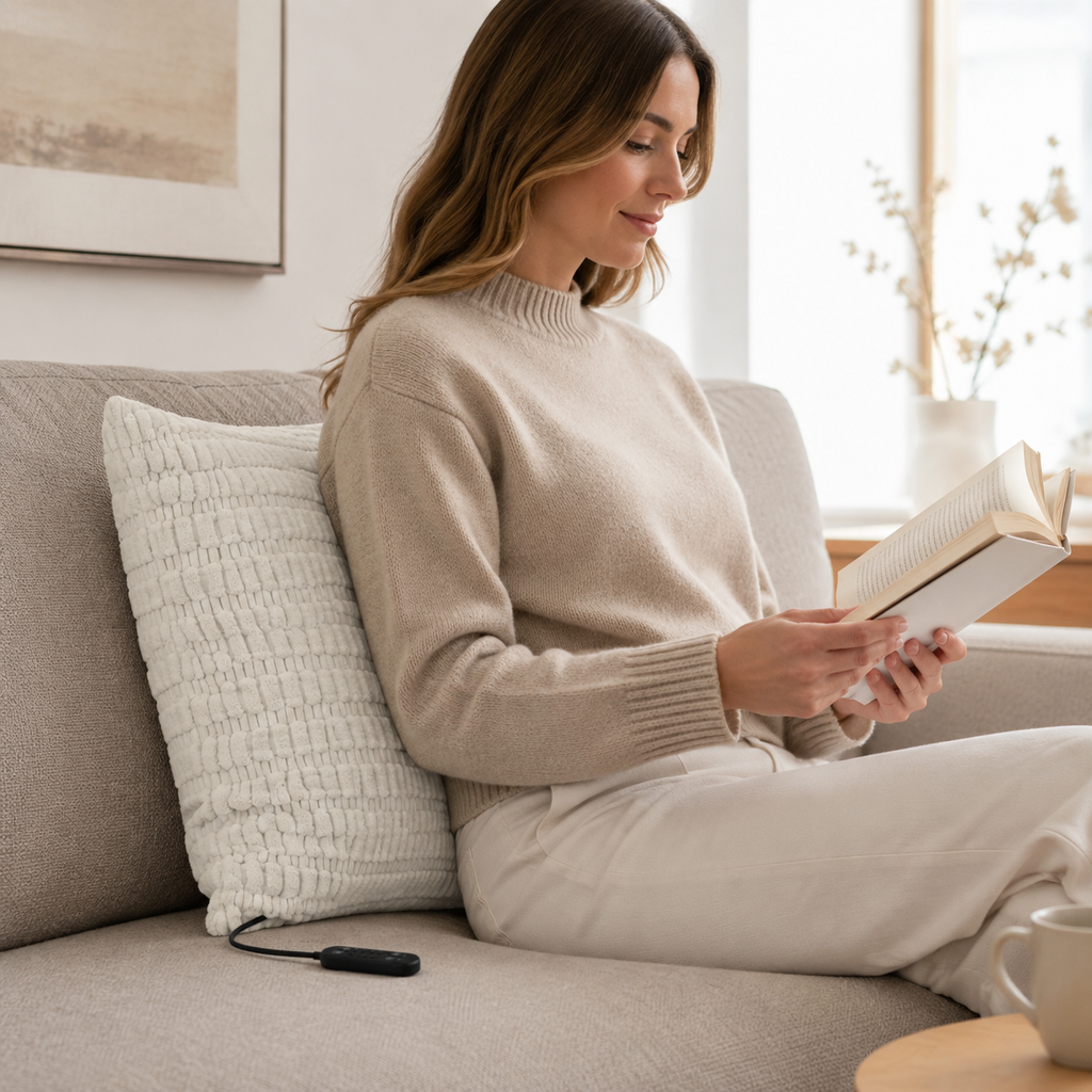 USB Heated Cushion supporting the lower back on a sofa