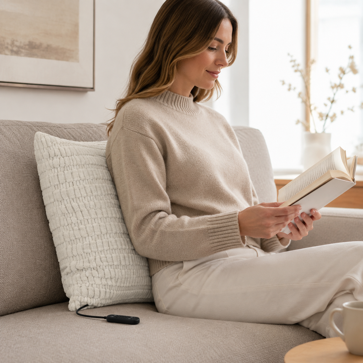 USB Heated Cushion supporting the lower back on a sofa