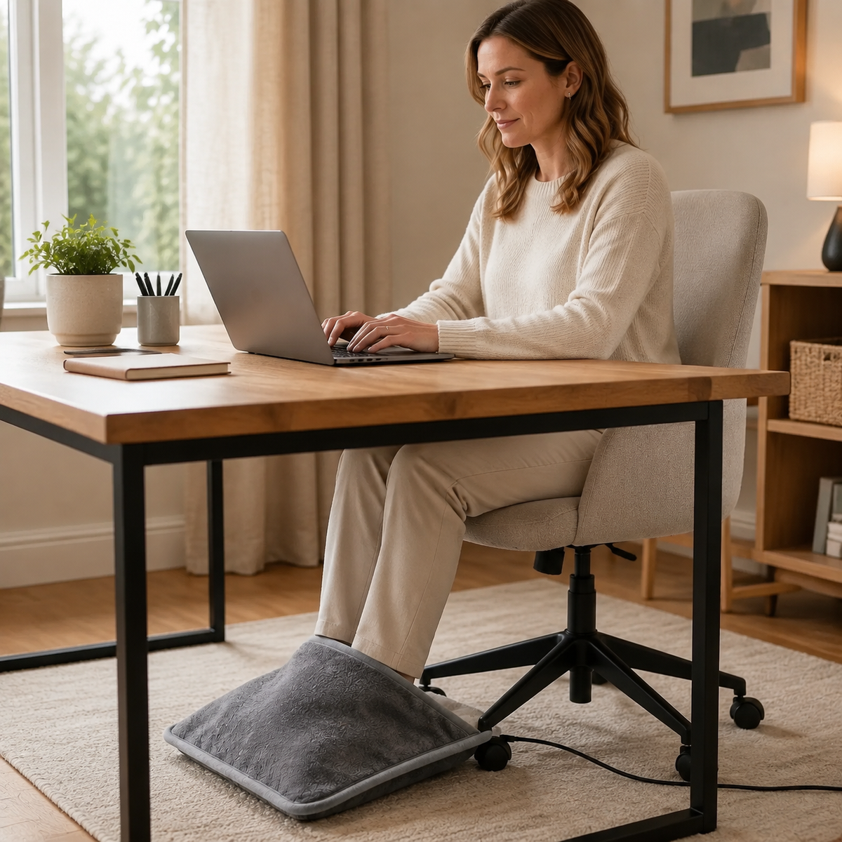 USB Heated Foot Pad used at a home-office desk with feet fully enclosed