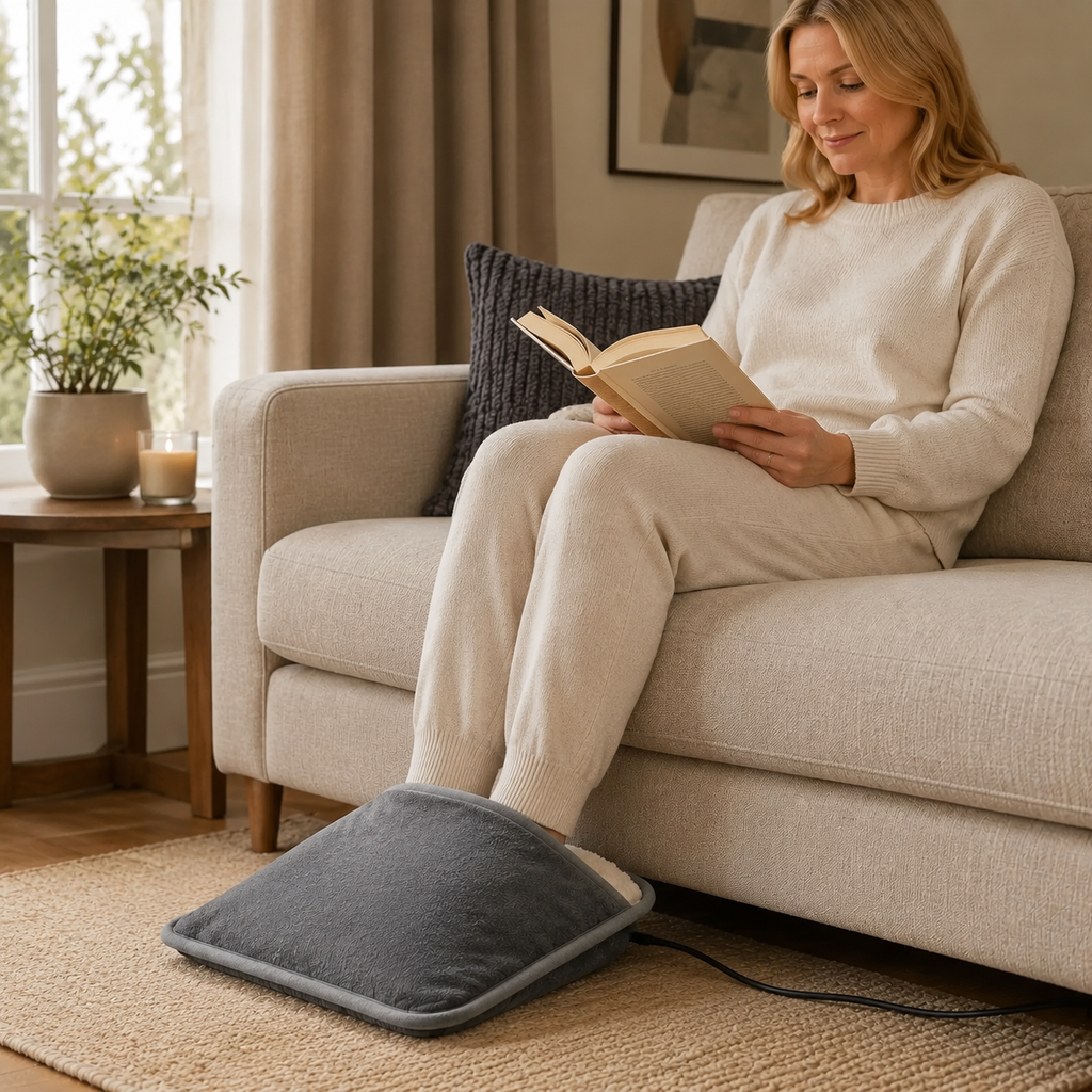 USB Heated Foot Pad used while reading with feet fully enclosed