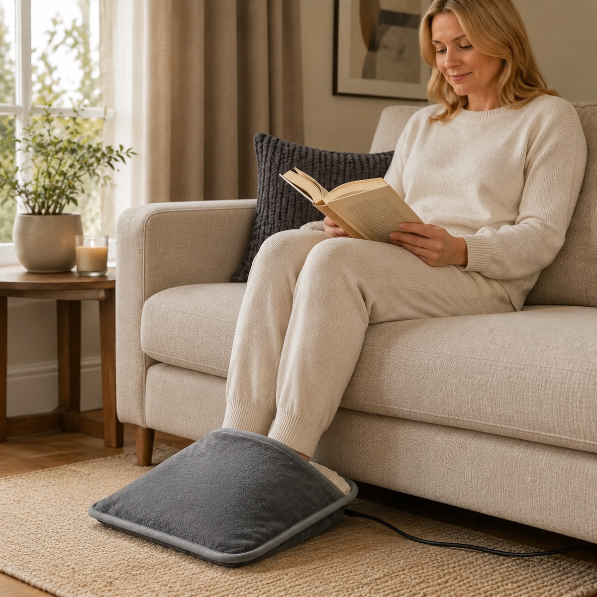 USB Heated Foot Pad used while reading with feet fully enclosed