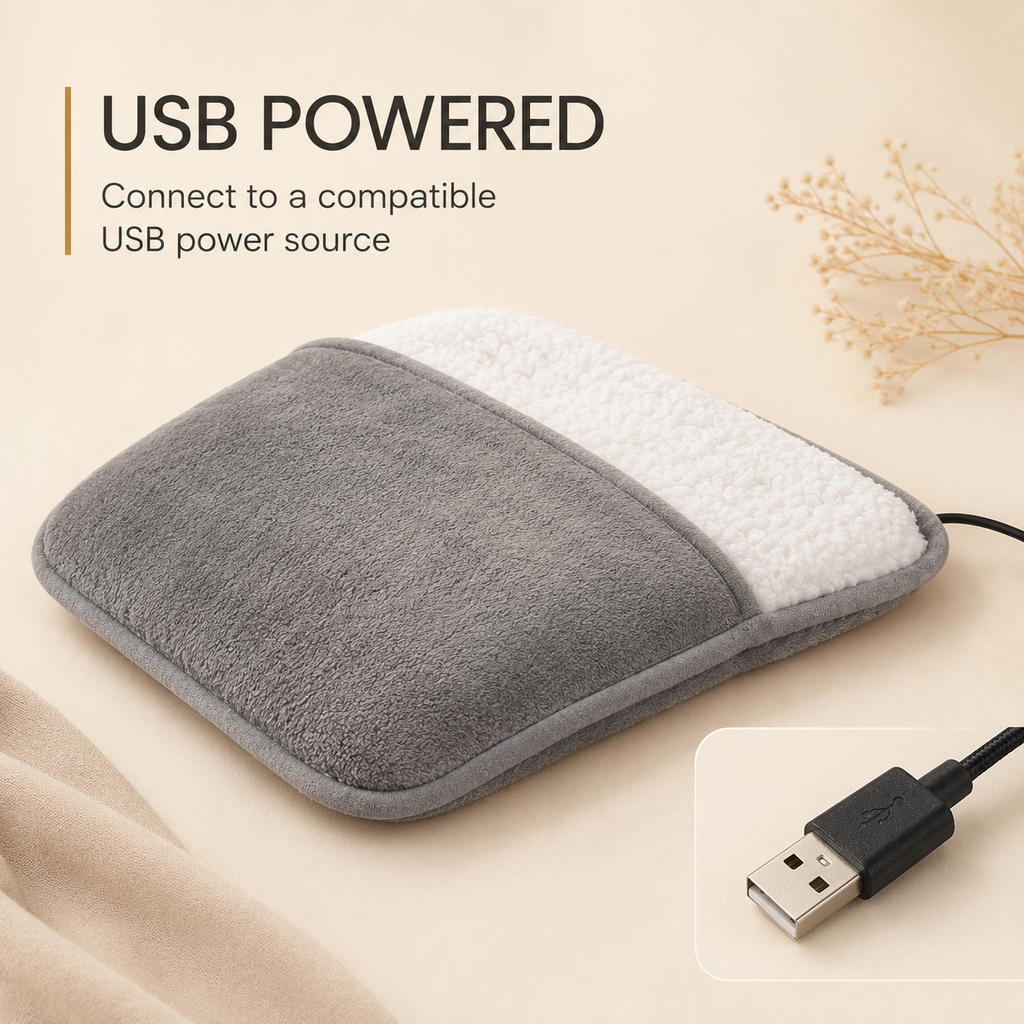 USB Heated Foot Pad with USB powered connection information
