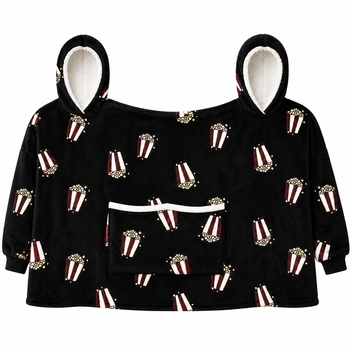 Black Popcorn two-person hooded blanket on a solid white background