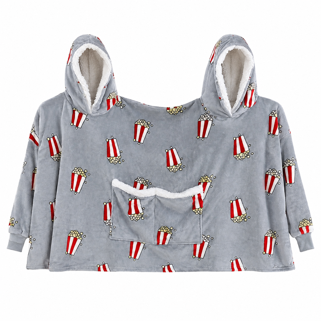 Grey Popcorn two-person hooded blanket on a solid white background