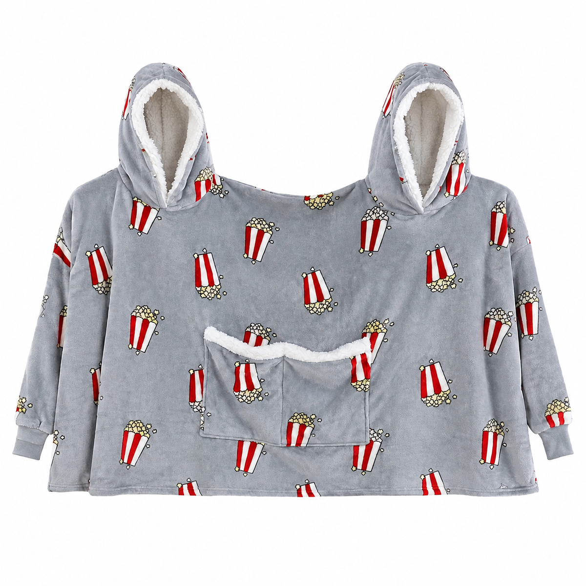 Grey Popcorn two-person hooded blanket on a solid white background
