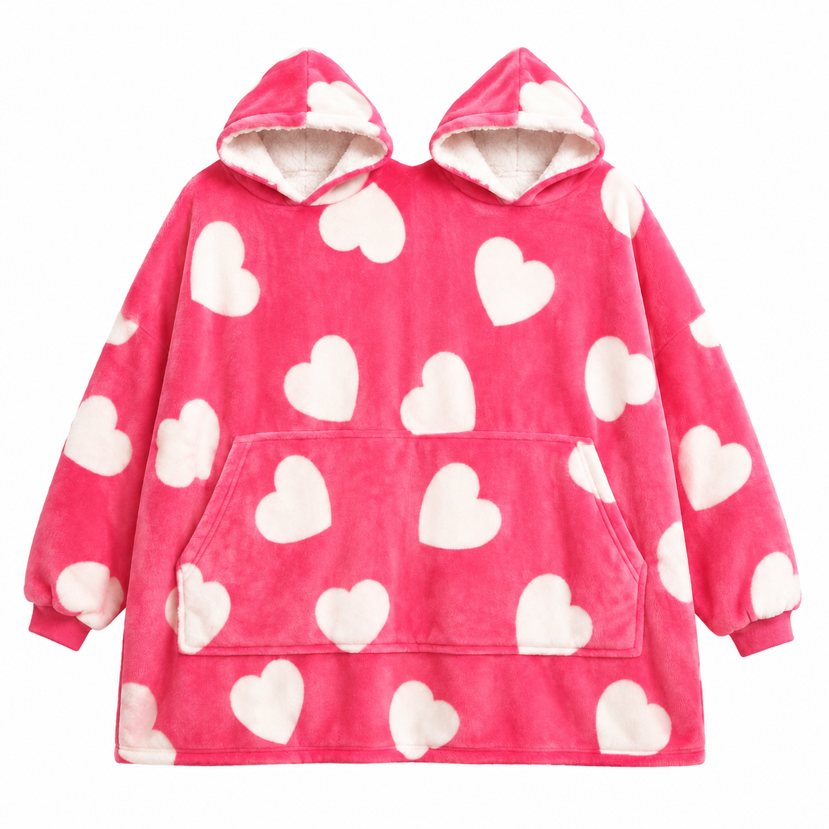 Pink Hearts two-person hooded blanket on a solid white background