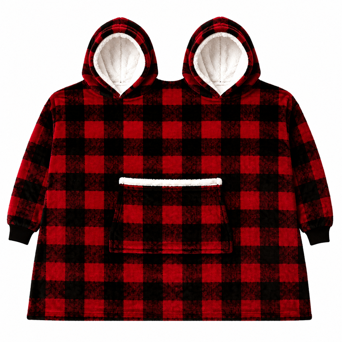 Red Plaid two-person hooded blanket on a solid white background