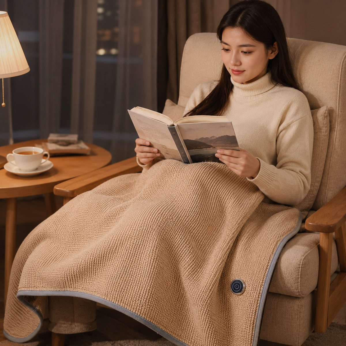 Apricot Wearable Heated Blanket used in a reading chair