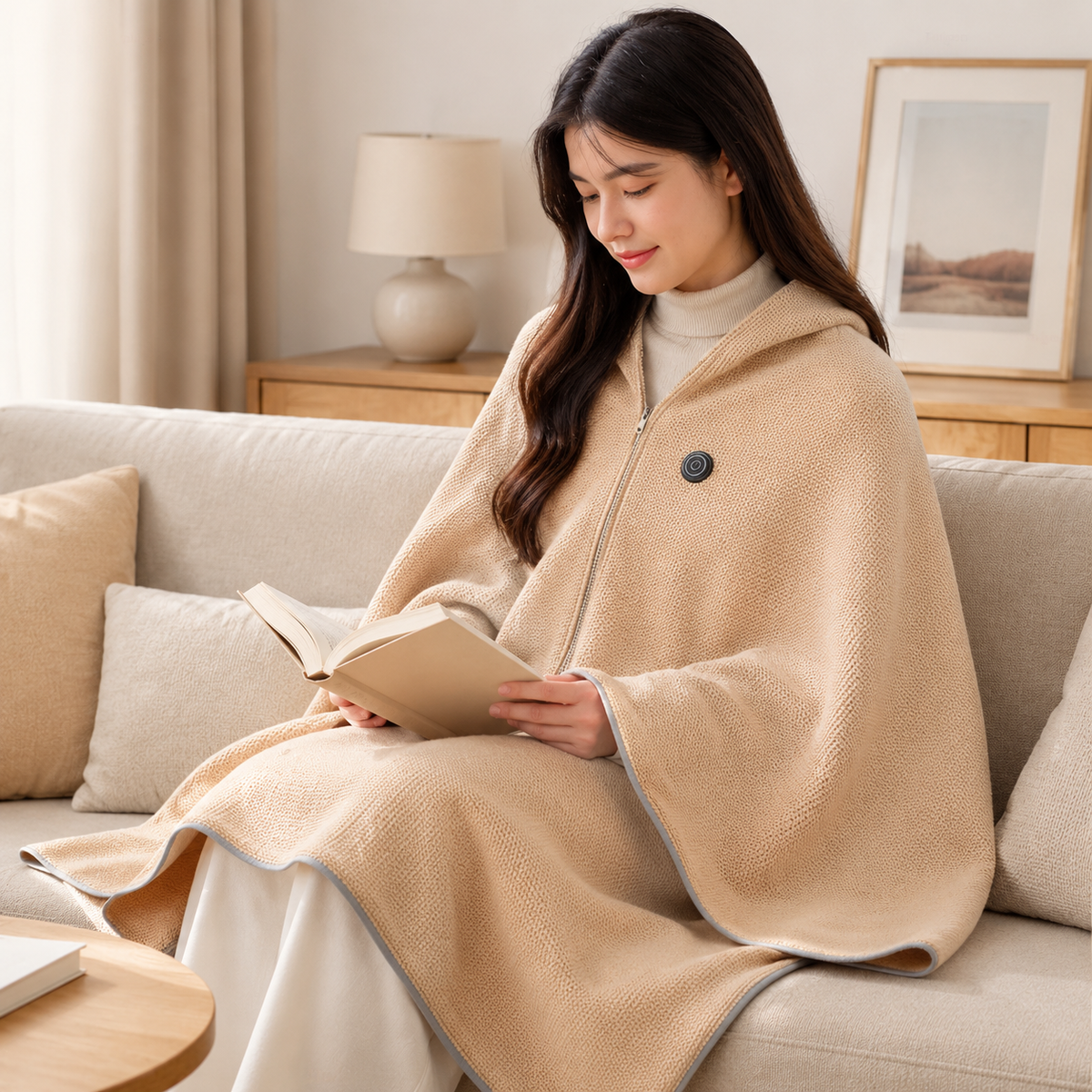 Apricot Wearable Heated Blanket used on a sofa