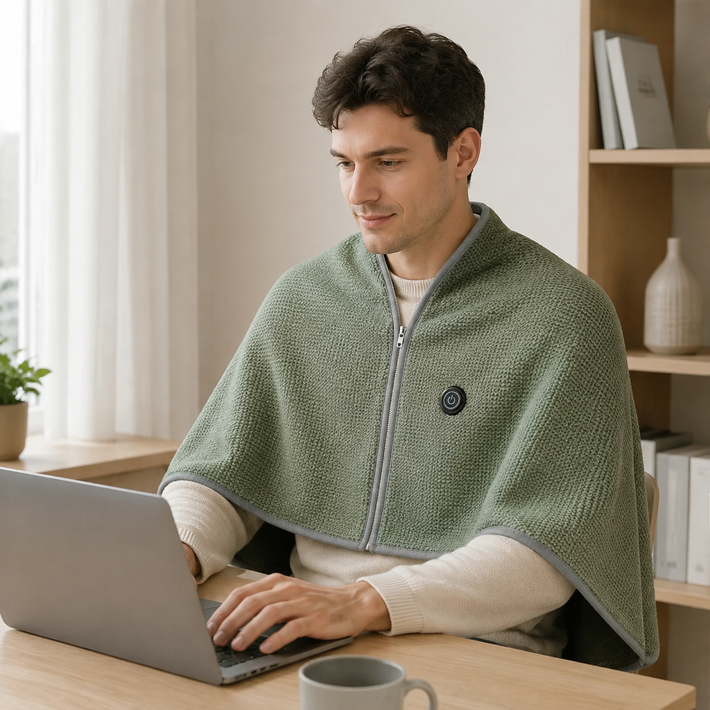Green Wearable Heated Blanket used at a home-office desk