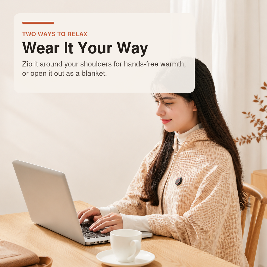 Wearable Heated Blanket zipped around the shoulders for hands-free warmth at a desk