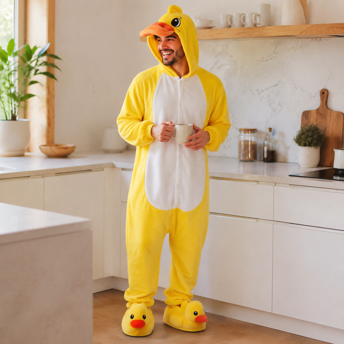 Woman wearing the Yellow Duck Onesie Set in a bright kitchen