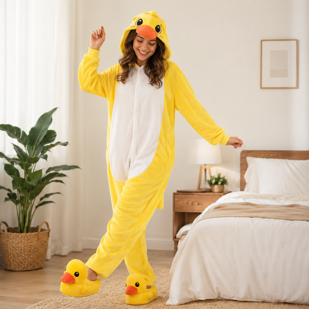 Woman playfully posing in the Yellow Duck Onesie Set