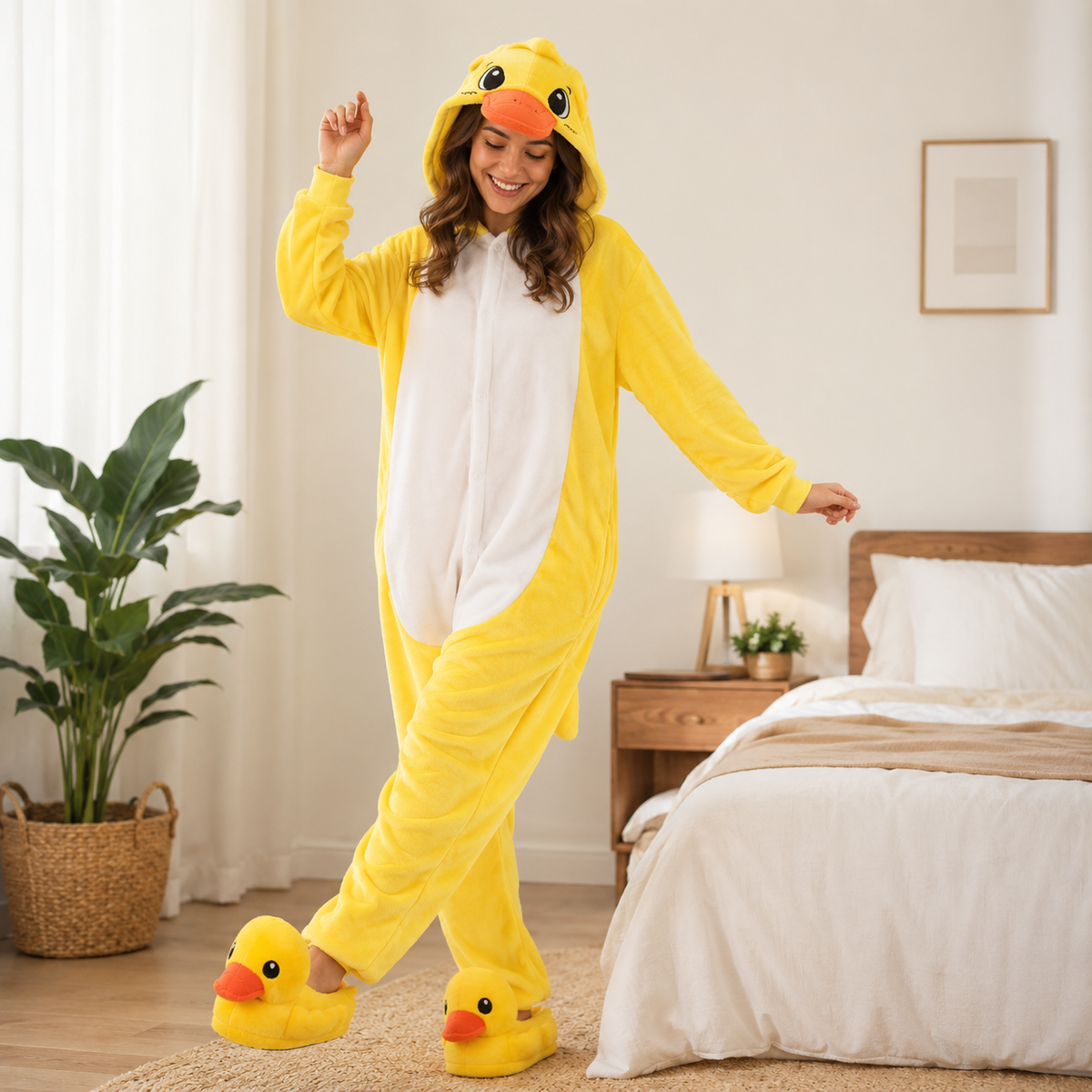 Woman playfully posing in the Yellow Duck Onesie Set